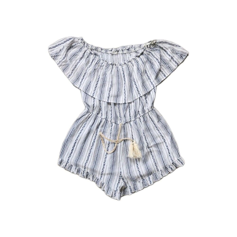 Lunik Cotton Linen Off Shoulder Striped Romper Sz L White Blue Tassel Boho EUC